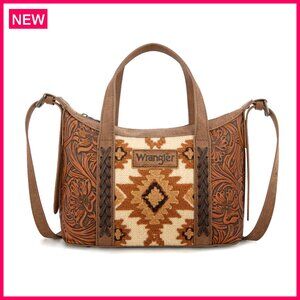 Hand-Tooled Leather Crossbody Bag with Aztec Pattern, Adjustable Strap